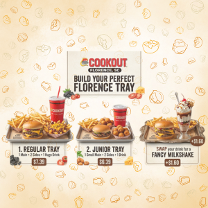 Cookout Florence tray menu with regular and junior combo options